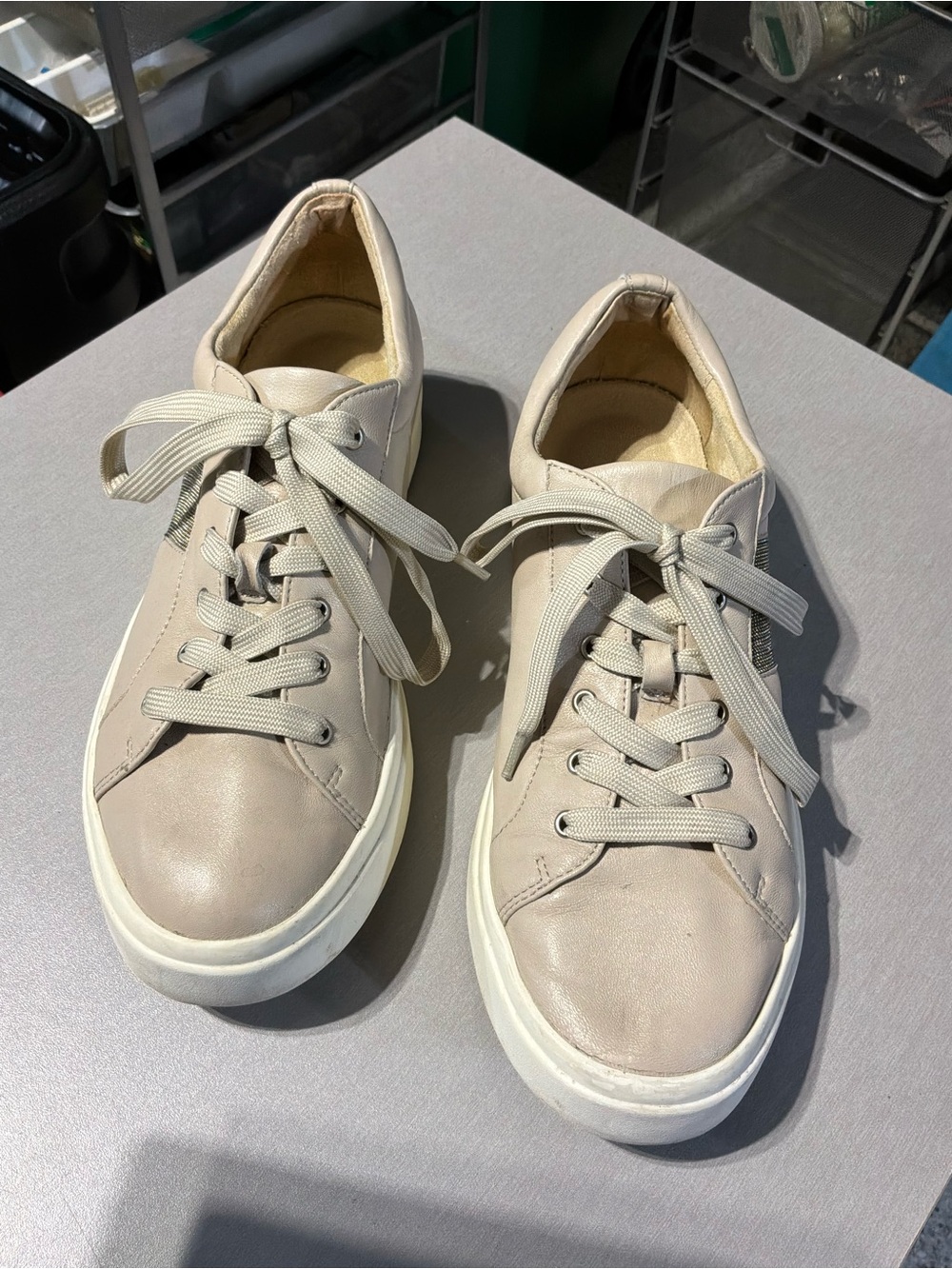 Vaneli Taupe Leather Lace-Up Sneakers